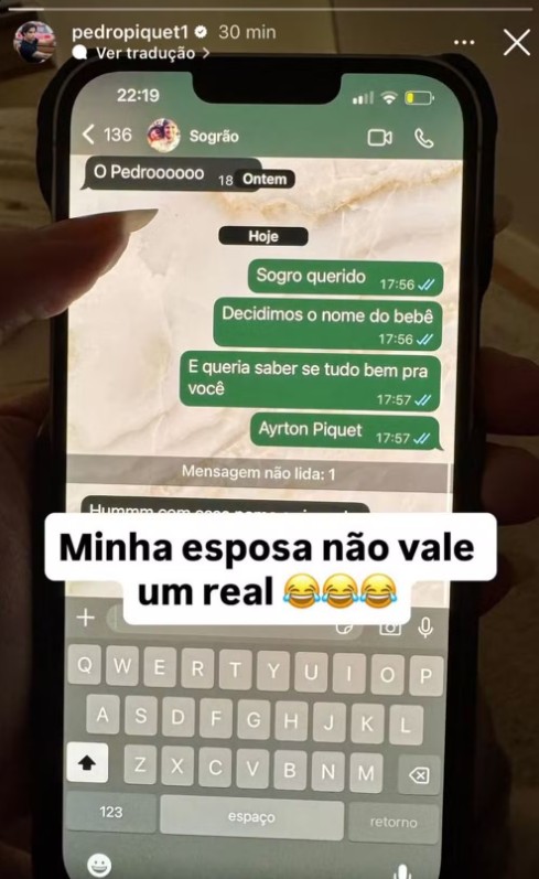 Post de Pedro Piquet com deboche sobre rivalidade entre o pai e Ayrton Senna