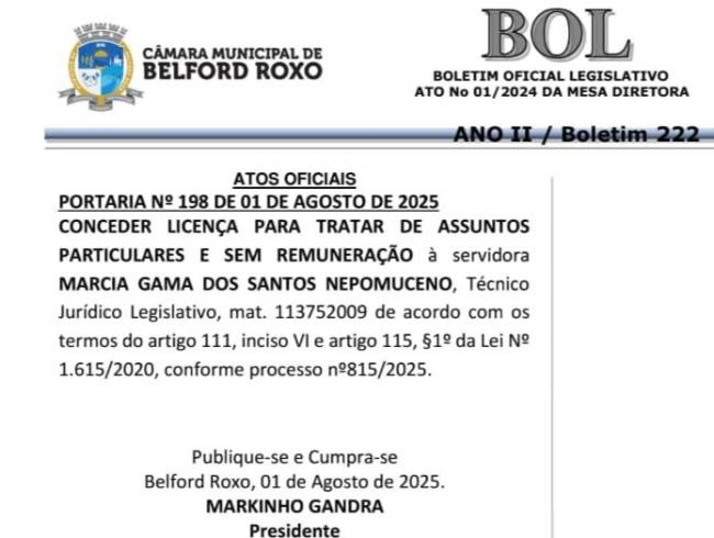 Portaria assinada em 1º de agosto afasta Márcia Gama do cargo público em Belford Roxo