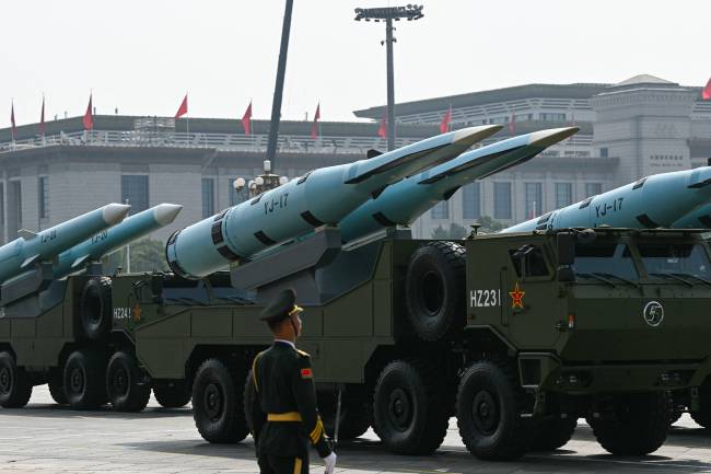 YJ-17 anti-ship hypersonic missiles are seen during a military parade marking the 80th anniversary of victory over Japan and the end of World War II, in Beijing’s Tiananmen Square on September 3, 2025. (Photo by GREG BAKER / AFP)