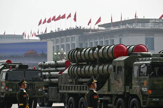 The HQ-22 medium-to long-range air defence system is seen during a military parade marking the 80th anniversary of victory over Japan and the end of World War II, in Beijing’s Tiananmen Square on September 3, 2025. (Photo by Greg Baker / AFP)