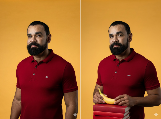 O Gemini permite edição em várias etapas. Aqui, troquei a cor do fundo, depois pedi para ele inserir uma banana. A IA acrescentou livros e completou meu braço