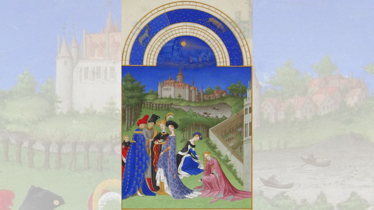 Mês de Abril, em Les Très Riches Heures du Duc de Berry (1413–1416), iluminura em pergaminho.