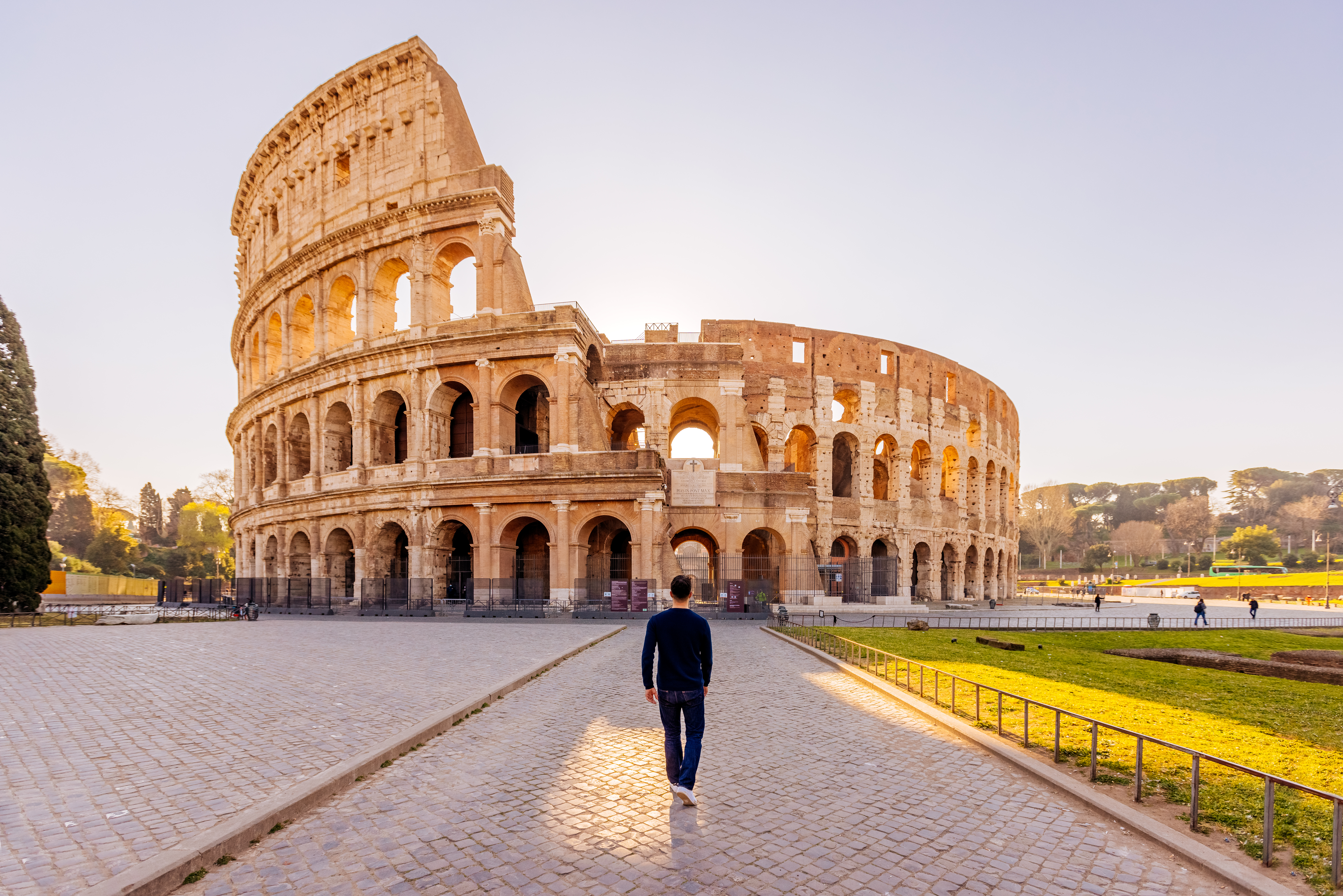 Rear view of a man walking towards Coliseum, Rome, Italy