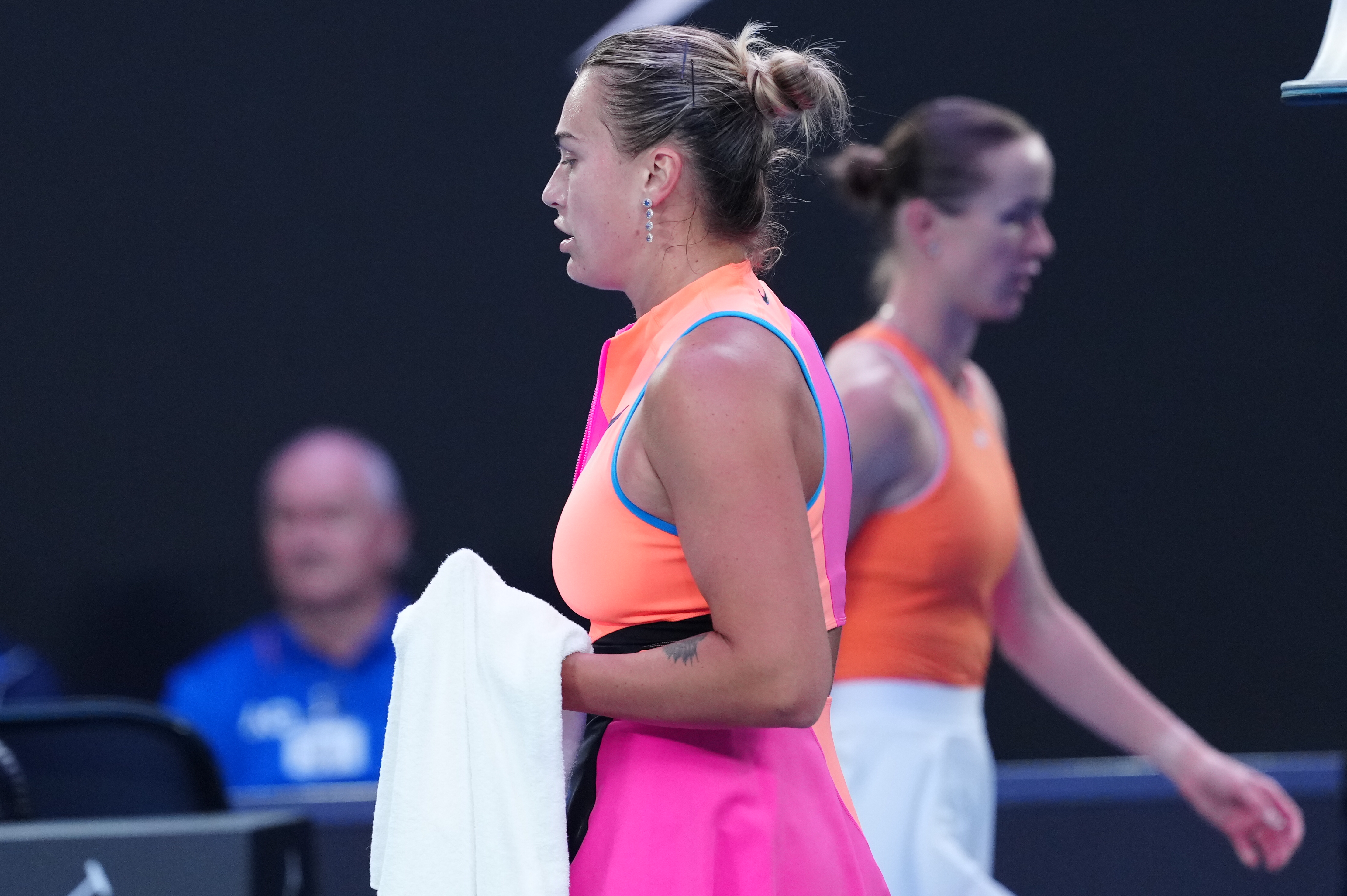 MELBOURNE, AUSTRALIA - JANUARY 29: Aryna Sabalenka reacts against Elina Svitolina of Ukraine in the Women's Singles Semifinal match during day 12 of the 2026 Australian Open at Melbourne Park on January 29, 2026 in Melbourne, Australia. (Photo by Fred Lee/Getty Images)