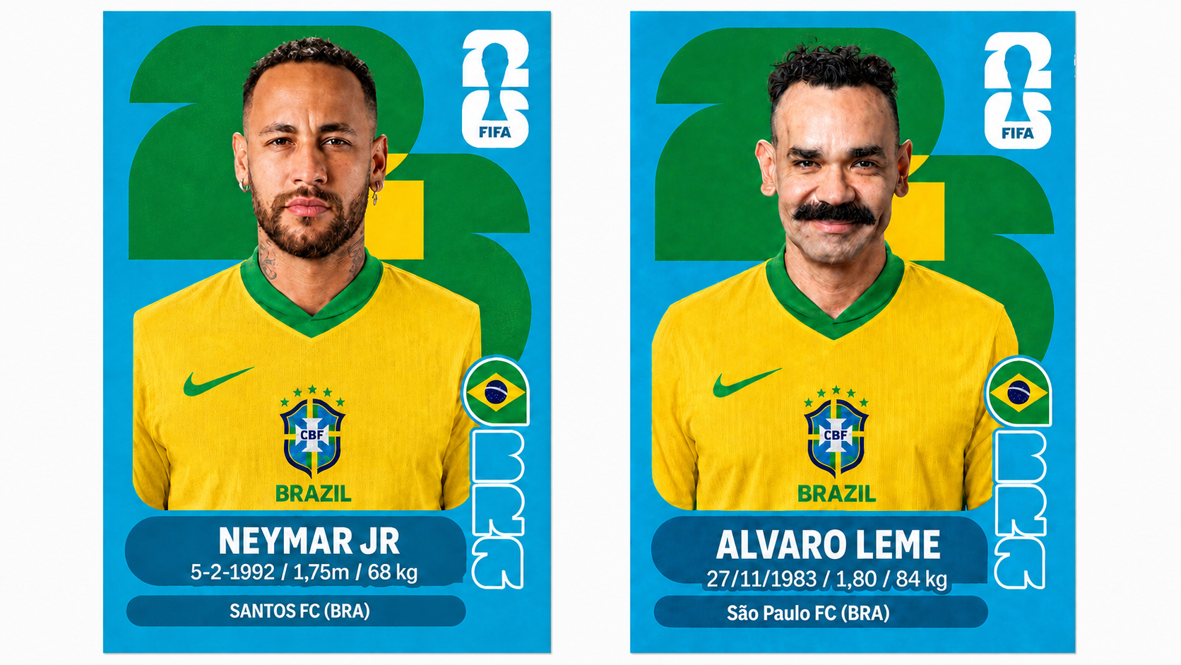 Duas figurinhas de álbum da Copa 2022, com fundo azul e detalhes em verde e amarelo. À esquerda, Neymar Jr, com barba e cabelo curto, vestindo camisa amarela da seleção brasileira. À direita, Álvaro Leme, com bigode e cabelo curto, também de camisa amarela da seleção. Ambas as figurinhas exibem dados pessoais e clubes dos jogadores