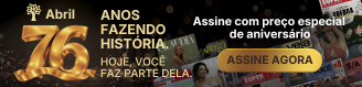 Banner da Abril comemorando 76 anos. O número 76 dourado e grande à esquerda, com o logo da Abril e a frase ANOS FAZENDO HISTÓRIA. HOJE, VOCÊ FAZ PARTE DELA. À direita, Assine com preço especial de aniversário e um botão dourado ASSINE AGORA, sobreposto a várias capas de revistas como Veja e Superinteressante