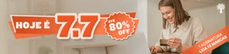 Banner promocional com HOJE É 7.7 em destaque e ATÉ 80% OFF. À direita, uma mulher sorridente, de camisa clara, segura um cartão dourado enquanto digita em um notebook. No canto inferior direito, uma faixa laranja com 1 ASSINATURA LEIA 15 MARCAS