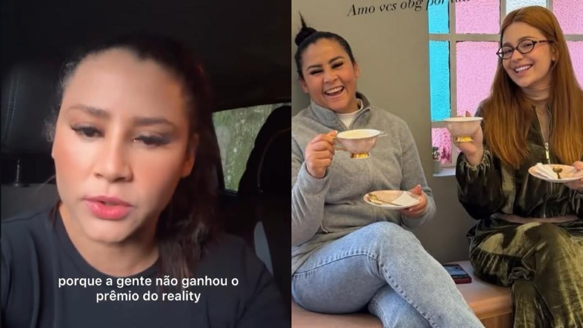 Montagem de duas imagens: à esquerda, uma mulher de cabelo preso e maquiagem forte fala séria, com a legenda porque a gente não ganhou o prêmio do reality; à direita, duas mulheres sorriem, segurando xícaras e pires, uma de blusa cinza e jeans, outra de óculos e roupa verde aveludada, com a frase Amo vcs obg por na parede