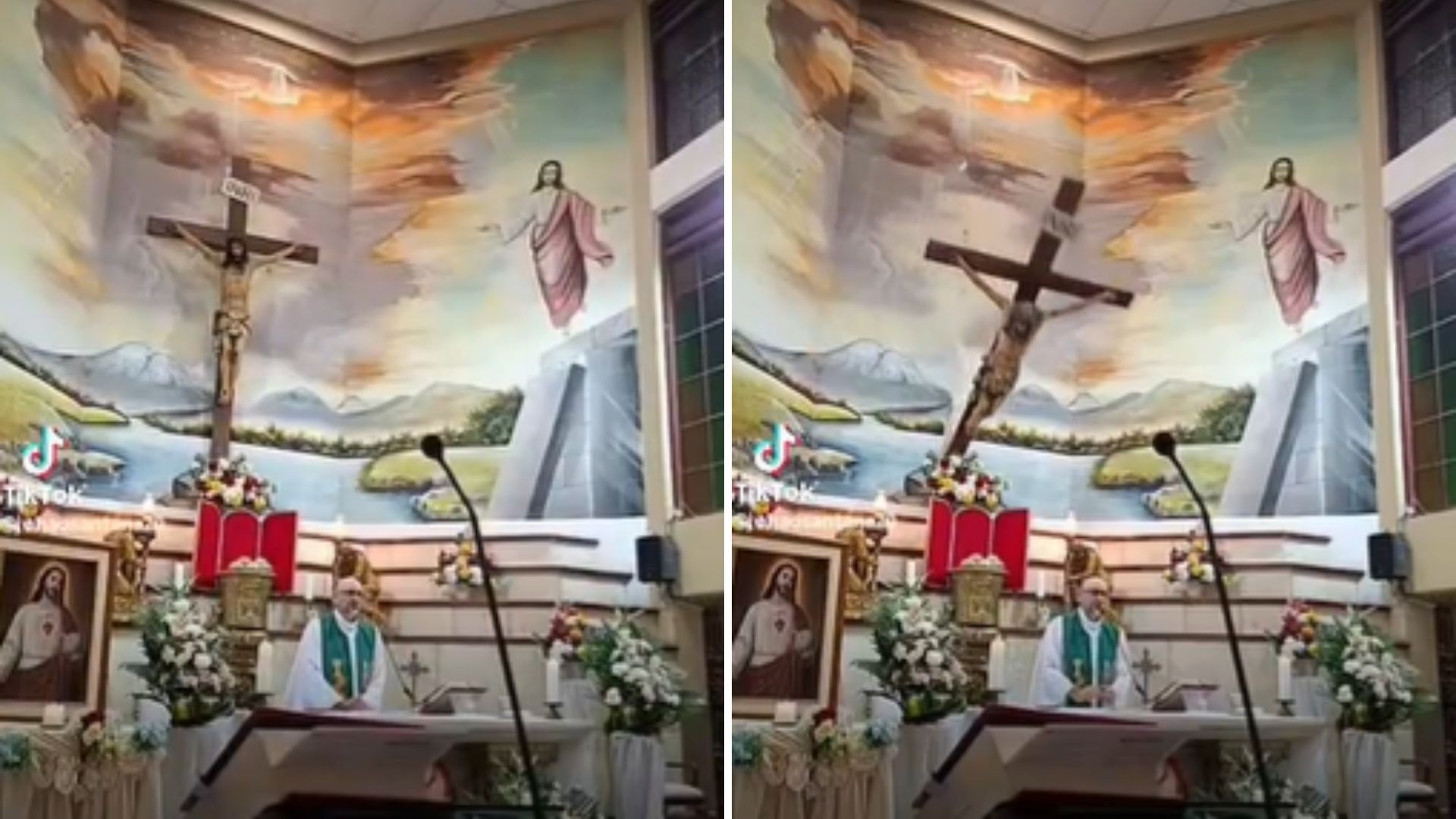 Montagem de duas imagens de um padre celebrando missa em uma igreja. Na primeira, um crucifixo está reto; na segunda, ele está inclinado para a esquerda. Ao fundo, um mural com Jesus e uma paisagem montanhosa. O padre usa vestes brancas e verdes, em frente a um altar decorado com flores e velas