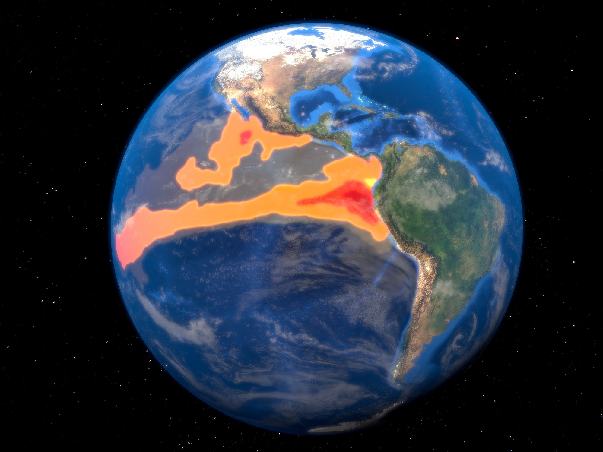 Globo terrestre visto do espaço, com a América do Norte e do Sul visíveis. Uma área laranja e vermelha se estende pelo Oceano Pacífico, indicando o fenômeno El Niño